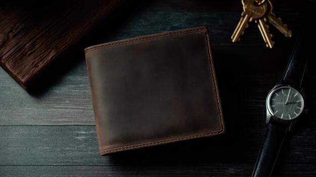 Luxury Brown Leather Wallet, Keys, and Watch on Dark Rustic Wood Table, essential items photo