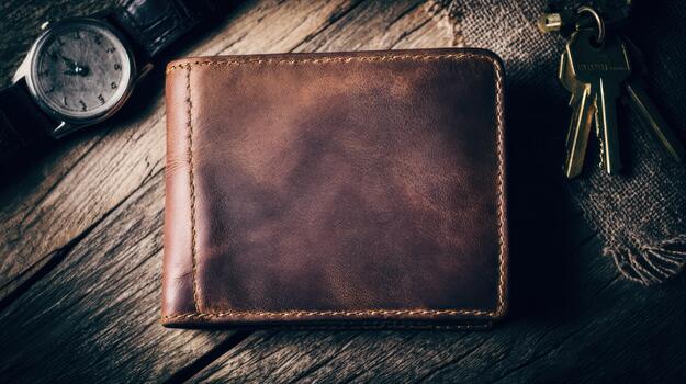Rustic Leather Wallet, Watch, and Keys on Wood Surface photo