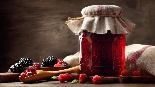 Homemade Raspberry and Blackberry Jam in a Jar with Fresh Berries and Wooden Spoon photo