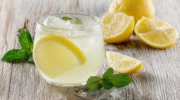 Refreshing Lemonade with Mint and Ice on Rustic Wooden Table photo
