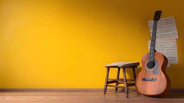 Acoustic Guitar and Sheet Music on Yellow Wall Background, Copy Space, string instrument photo