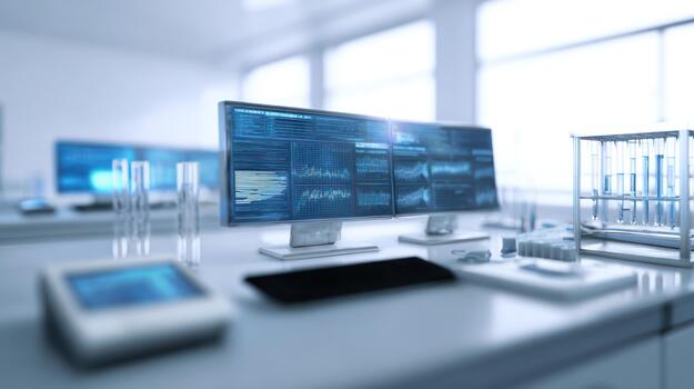 Modern Science Lab with Multiple Monitors Displaying Data and Test Tubes, equipment photo