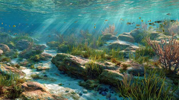 Underwater scene with coral reefs and sunlight effect for nature themes photo