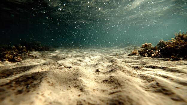 Underwater scene sandy seabed with sunlight and marine environment photo