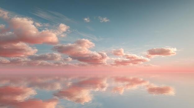 Dreamy sky with pink clouds reflected in still water for backgrounds photo