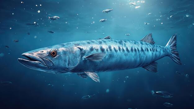 Underwater depiction of a large barracuda swimming with other fish in the ocean photo