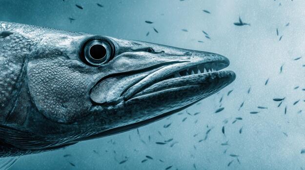 Close up of a barracuda in ocean environment with small fish background photo