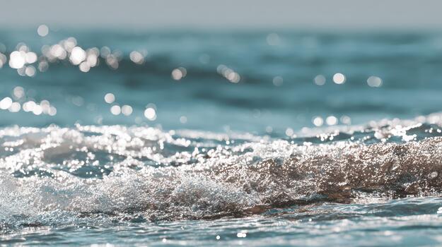 Ocean waves close up view of clear water with bokeh effect and sunlight photo