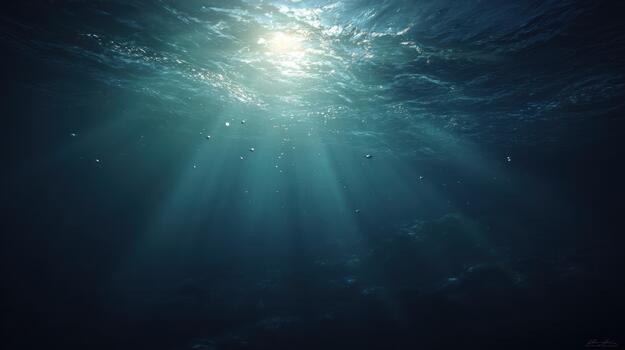 Underwater scene with sunbeams shining through water surface photo