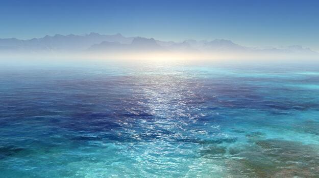 Tranquil ocean scene with shimmering sunlight reflecting on the water surface photo