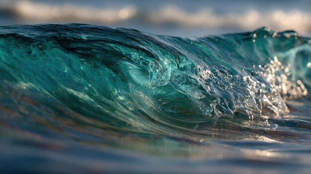 Close up of a transparent ocean wave breaking in sunlight photo