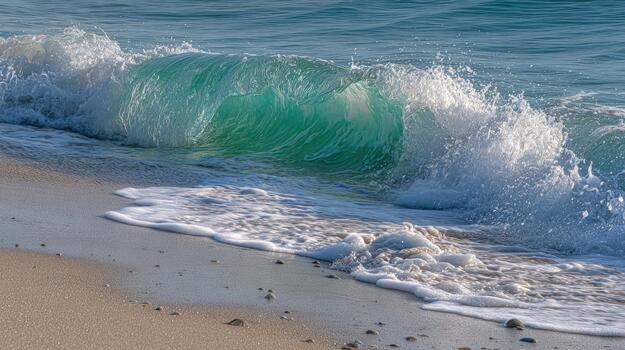 Ocean wave crashing on sandy shore with clear turquoise water and foam photo