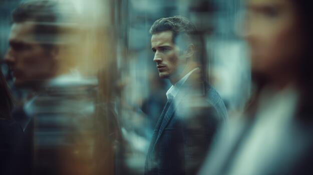 Man portrait amidst blurred figures with focus on face and expression photo