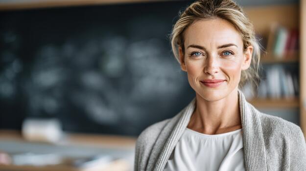 Smiling teacher in classroom setting with chalkboard and blurred background photo