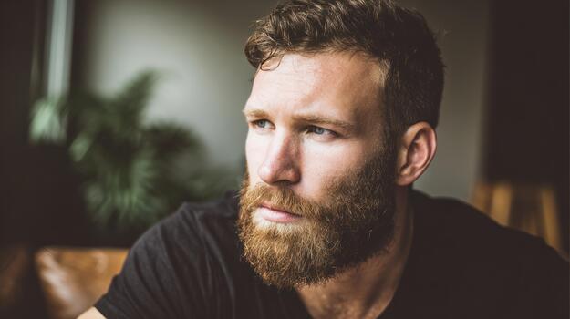 Man with beard thoughtfully gazes into the distance indoors with natural lighting photo
