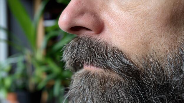 Close up of a bearded face profile showing nose and mouth details natural light photo