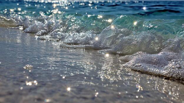 Ocean waves crashing on sandy shoreline sparkling sunlight abstract scene photo