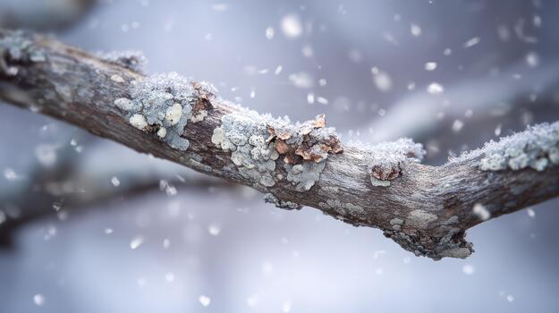 Snowy Branch with Lichen in Winter Forest, Falling Snowflakes Macro photo