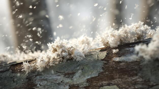 Delicate Ice Crystals Forming on Tree Branch, Frozen Winter Nature Macro, texture photo