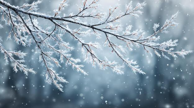 Frosty Tree Branch with Falling Snowflakes in Winter Forest photo