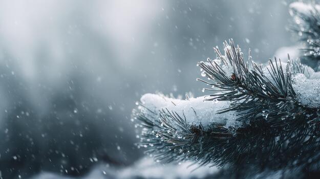 Close-up Macro Shot of Pine Tree Branch Covered in Snow and Ice During a Snowfall, evergreen photo