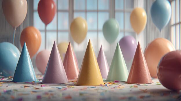 many colorful party hats are sitting on a table photo