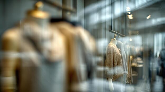 Fashion Store Window Display with Mannequins and Clothing Reflecting Reflections, elegant photo