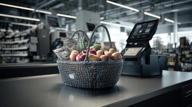 Shopping Basket Full of Groceries at Supermarket Checkout Counter with POS System, store photo