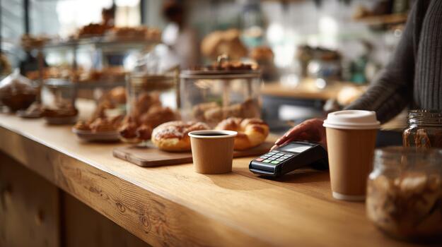 Customer pays for coffee and pastries at a bakery using a contactless credit card terminal photo