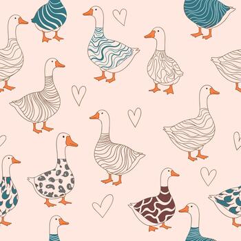 Seamless pattern of stylized geese with various abstract patterns on their bodies, set on a light pink background. This charming and artistic design is perfect for textiles or wrapping paper. vector