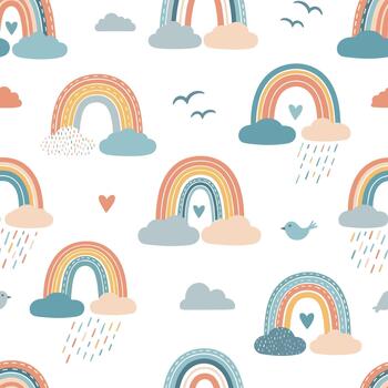 Cute and seamless nursery pattern with boho-style rainbows, clouds, rain, birds, and hearts in a soft, warm color palette. vector