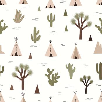 linda sin costura modelo presentando un bohemio Desierto tema con dibujos animados tipis, cactus, y Joshua arboles en un ligero antecedentes para niños. vector