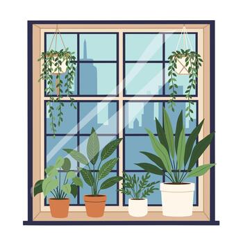 Cozy window scene with a variety of potted houseplants on the windowsill, with a view of a city skyline in the background. vector