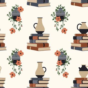 Cozy and academic seamless pattern with stacks of books, antique pottery, and trailing plants in a warm, neutral color scheme. vector