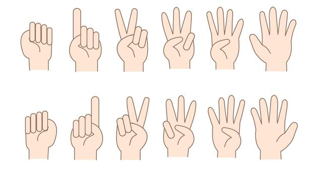 Set of human hand poses and gestures.Finger.Counting numbers.The palms and fingers.Cartoon Palms and Wrists.Countdown gestures, language number.Sign, symbol, icon and logo. vector