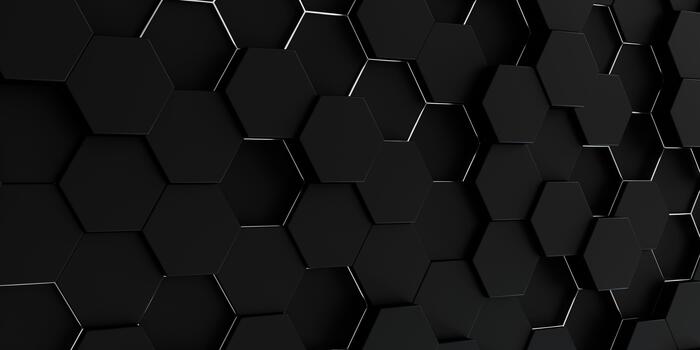 A high-contrast, dark abstract background showcasing a deep three-dimensional hexagonal grid of matte black tiles outlined by subtle, sharp silver light. photo
