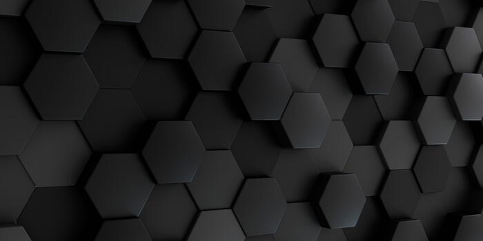 A captivating dark abstract background featuring a three-dimensional mosaic of randomly raised and recessed hexagonal tiles in varying shades of black and charcoal gray. photo