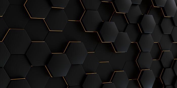A dramatic, dark abstract background featuring a wall of matte black hexagonal tiles with striking glowing golden light emphasizing the edges and depth. photo