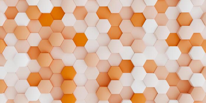A vibrant abstract 3D pattern featuring a wall of randomly raised hexagonal tiles in a warm color palette of bright white, soft peach, and bold orange. photo