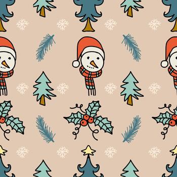 Seamless pattern with Christmas trees and snowman. vector