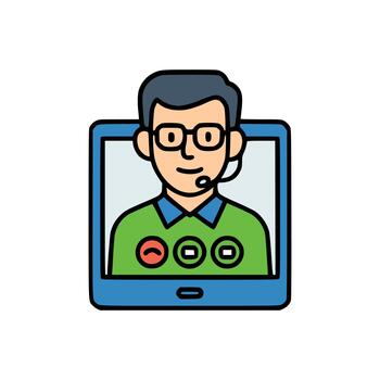 Customer service representative on tablet with microphone and call interface, representing online communication or virtual assistance vector