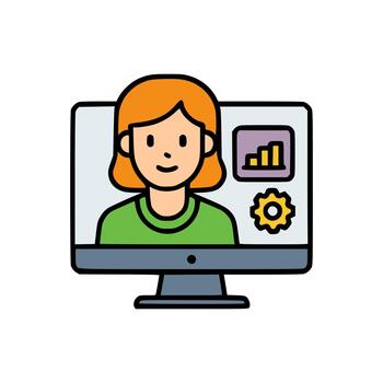 Woman on monitor with analytics and configuration icons for remote work, performance review, or virtual business interface vector