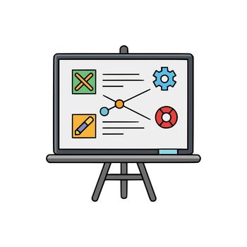 Infographic board on tripod with colorful elements including settings gear, pencil, diagram nodes, and help symbol icon vector