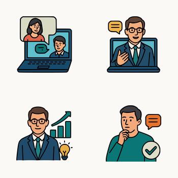 Cartoon flat illustrations of professionals working remotely, analyzing data, making decisions, and participating in calls vector
