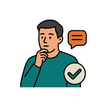 Man with hand on chin and green check mark showing correct answer, reflection, or logical decision making vector
