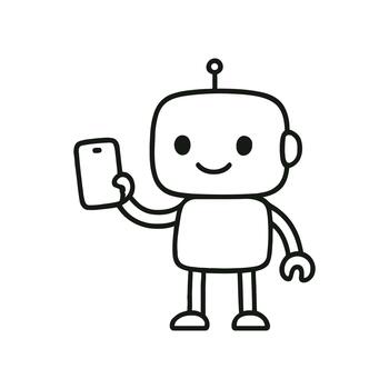 estilizado robot personaje participación un moderno teléfono inteligente en un sencillo garabatear Arte estilo vector