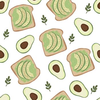 Avocado Toast Pattern Seamless Food Background with Avocado Slices, Toast and Herbs vector