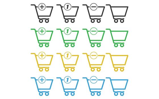 shopping cart icons for online commerce, add item remove item purchase quantity vector