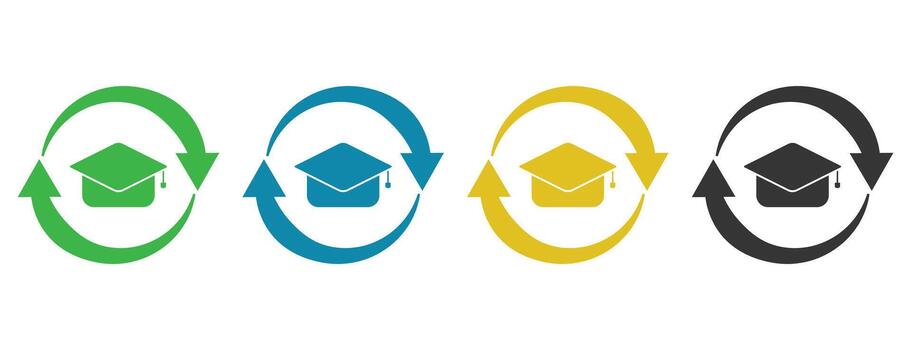 educational rotation icons with graduation caps, continuous learning cycle symbols, knowledge and academic update elements vector