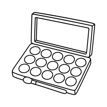 Outline drawing of an open eyeshadow palette with multiple wells and a brush vector